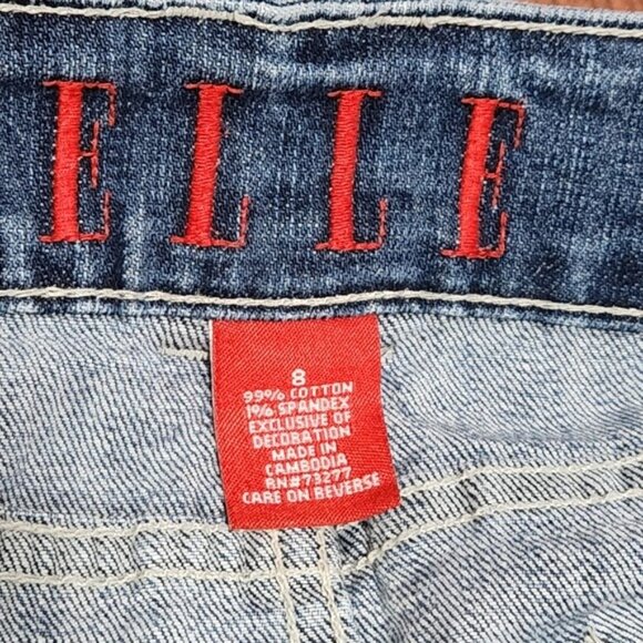 Elle Womens Stretch Blue Denim Mini Skirt Distressed Gold Sequin Detail - Picture 4 of 9